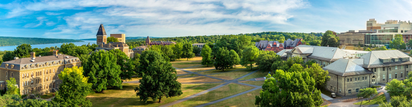 An aerial view of one of the Cornell Quads, showing Cayuga Lake on the left and beautiful buildings and trees.