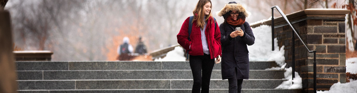 Two students descending outdoor stairs after a snowfall.