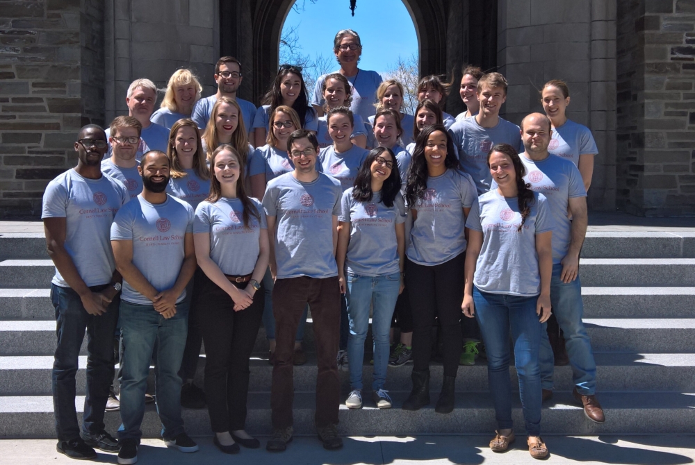 group of students in matching shirts outside the Law school