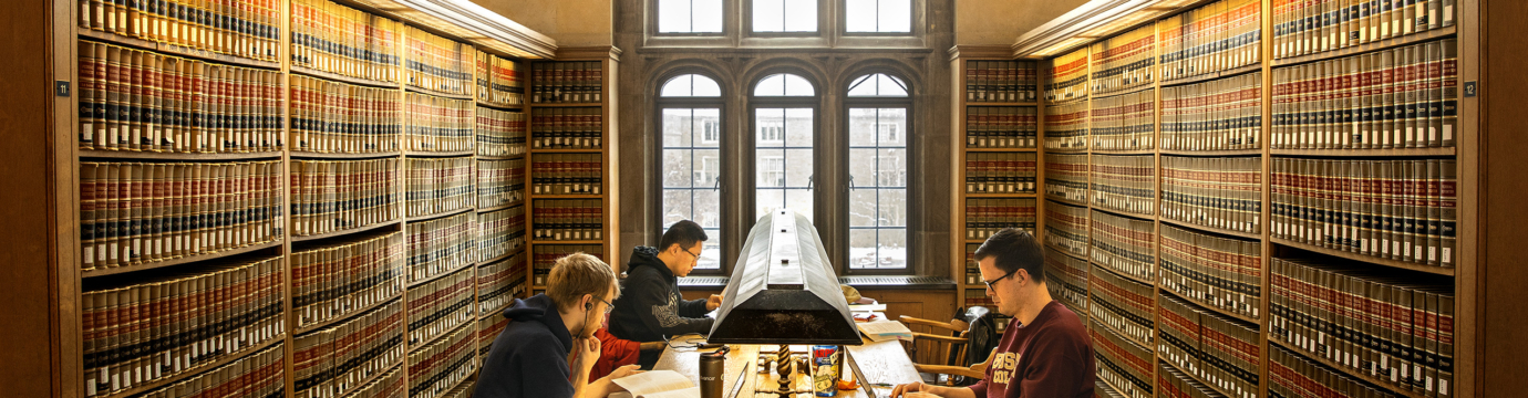 a group of students sitting in a table in a library