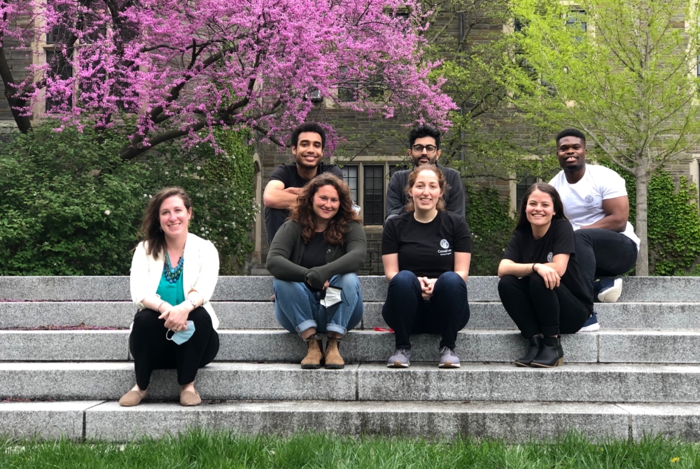 seven students sitting on stone steps, outdoors in front of bushes and a large pink flowering tree.