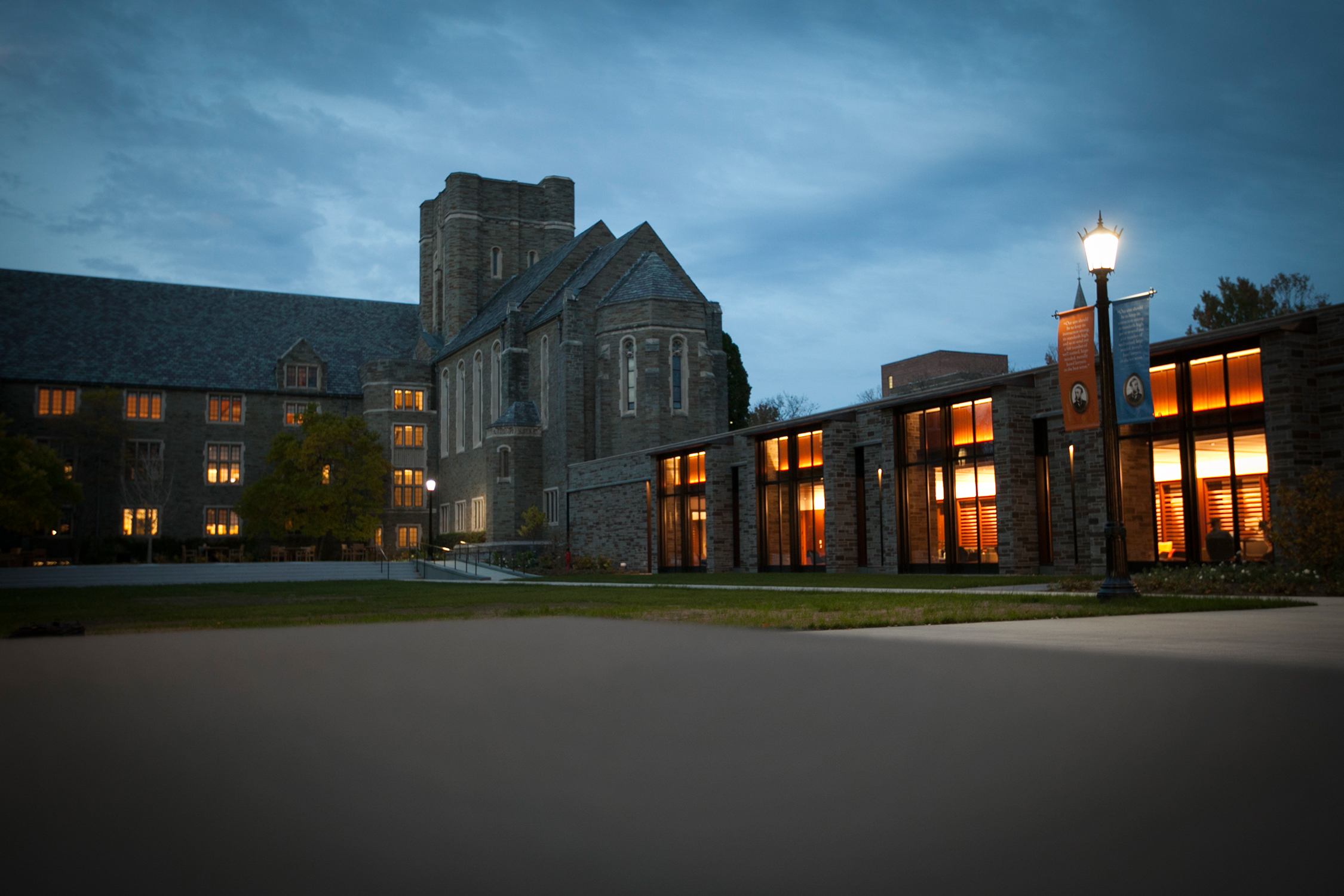 Law School buildings at night.