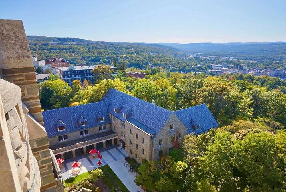 An aerial view of Hughes Hall