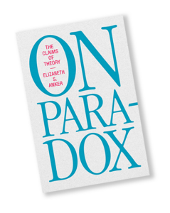 Photo of a book with a white cover and teal writing. In large font the cover reads: On Paradox