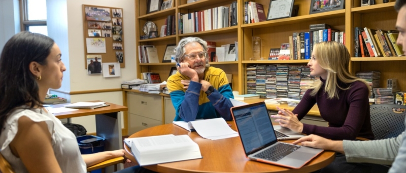 John Blume, the Samuel F. Leibowitz Professor of Trial Techniques and director of the Cornell Death Penalty Project at Cornell Law School, meets with third-year law students who have supported the challenge to South Carolina's execution methods as members of the Capital Punishment Clinic. From left to right are Emily Rivera, Elena Smalline and Nick Covek.