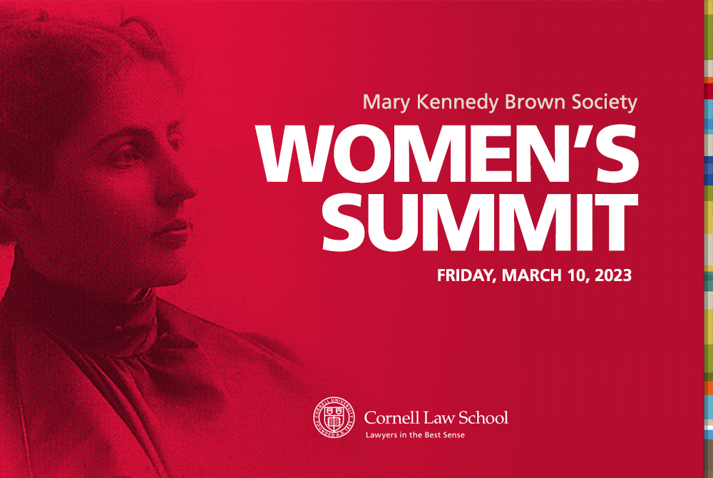 Red image with an engraving of a woman's profile on the left side with text on the right side that is white and reads Mary Kennedy Brown Society Women's Summit Friday March 10th