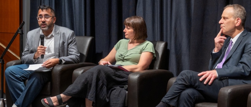 Moderator Gautam Hans, left, Karen Levy and Michael Dorf are pictured during the Fundamentals of Freedom of Expression forum, hosted by Cornell Law School on Sept. 7 in Landis Auditorium.