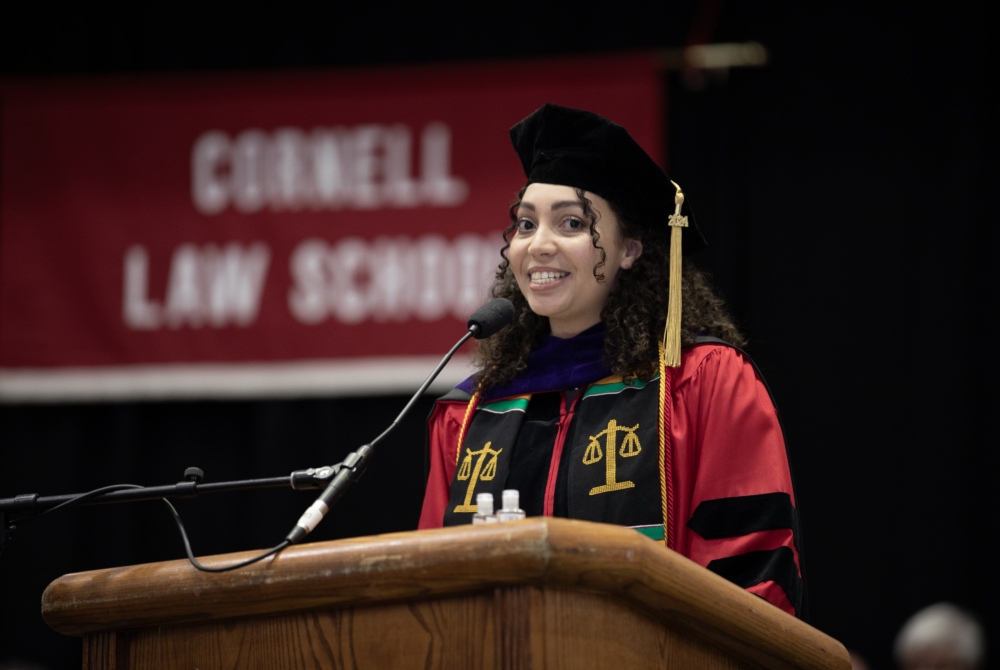 a student addressing the crowd at the convocation ceremony