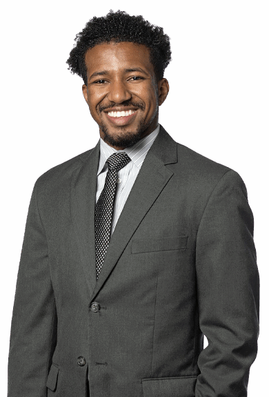 Morgan Landers '25 silo image of him in gray suit