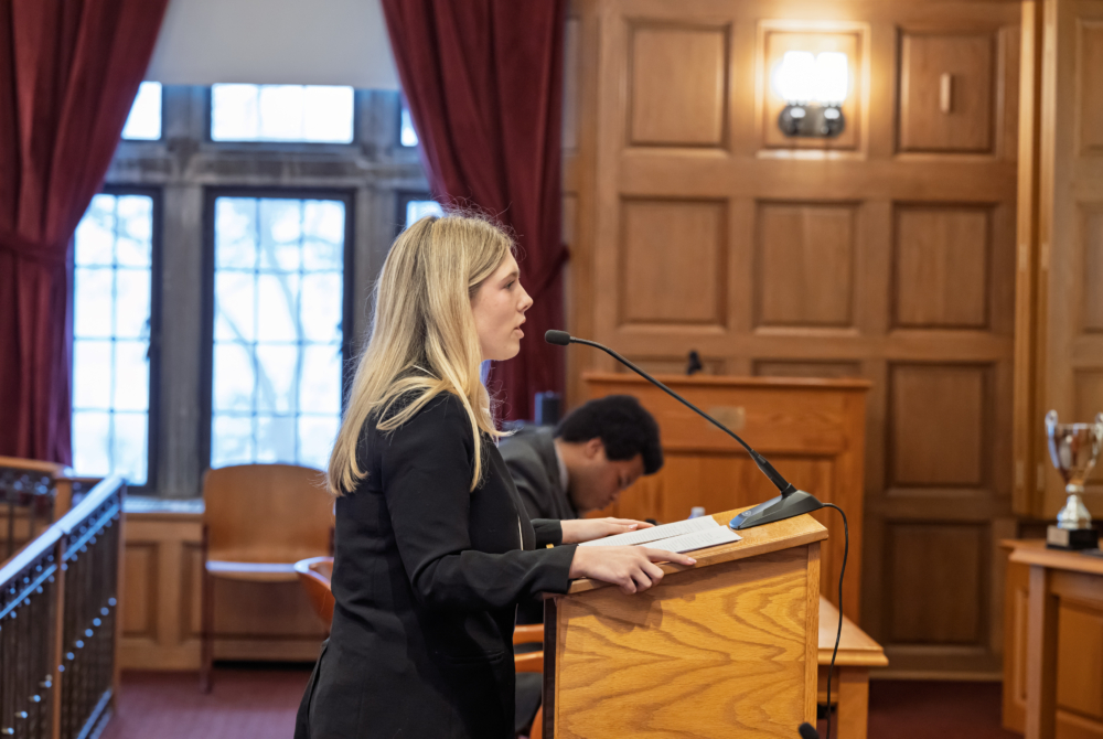paxton trevett winner of 2026 rossi moot court competition arguing her case