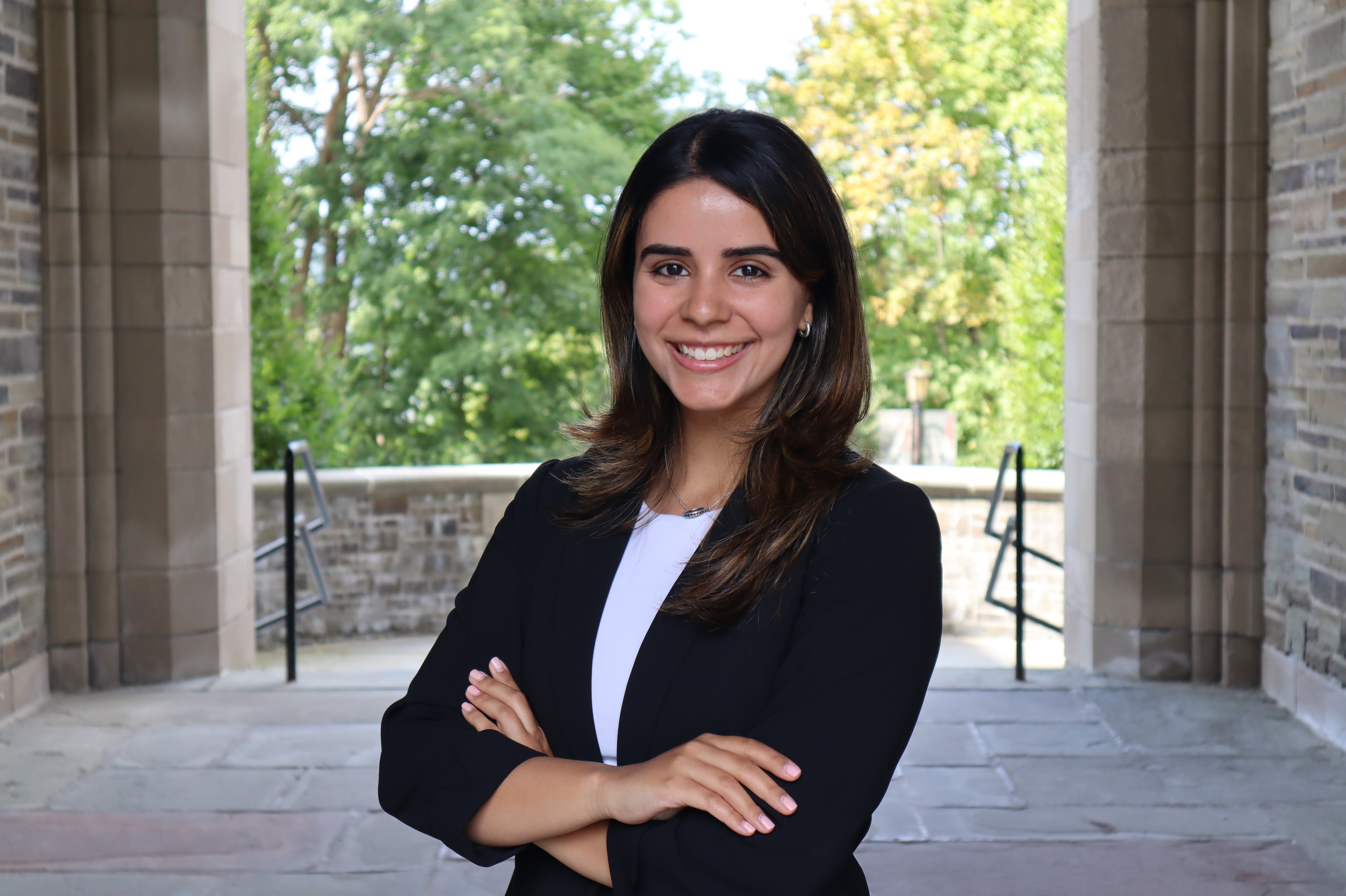Estefania Solis '27 headshot outside of Cornell Law School